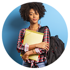 Woman wearing a backpack and holding a notepad